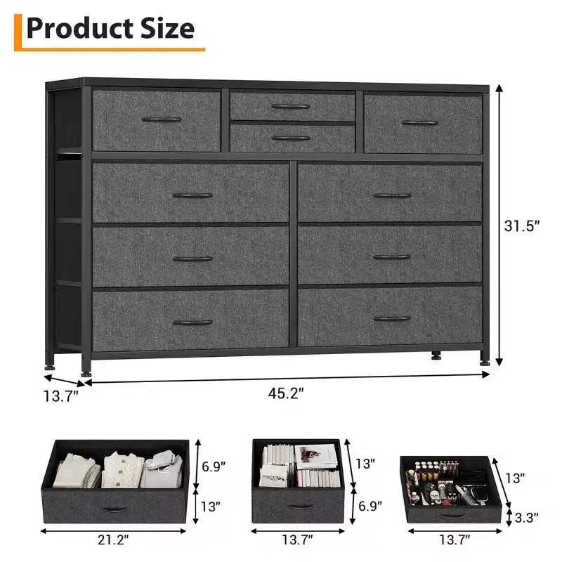 10-Drawer Media Console & Dresser - Steel Frame, Wood Top Fabric Storage for Bedroom, Nursery, Living Room