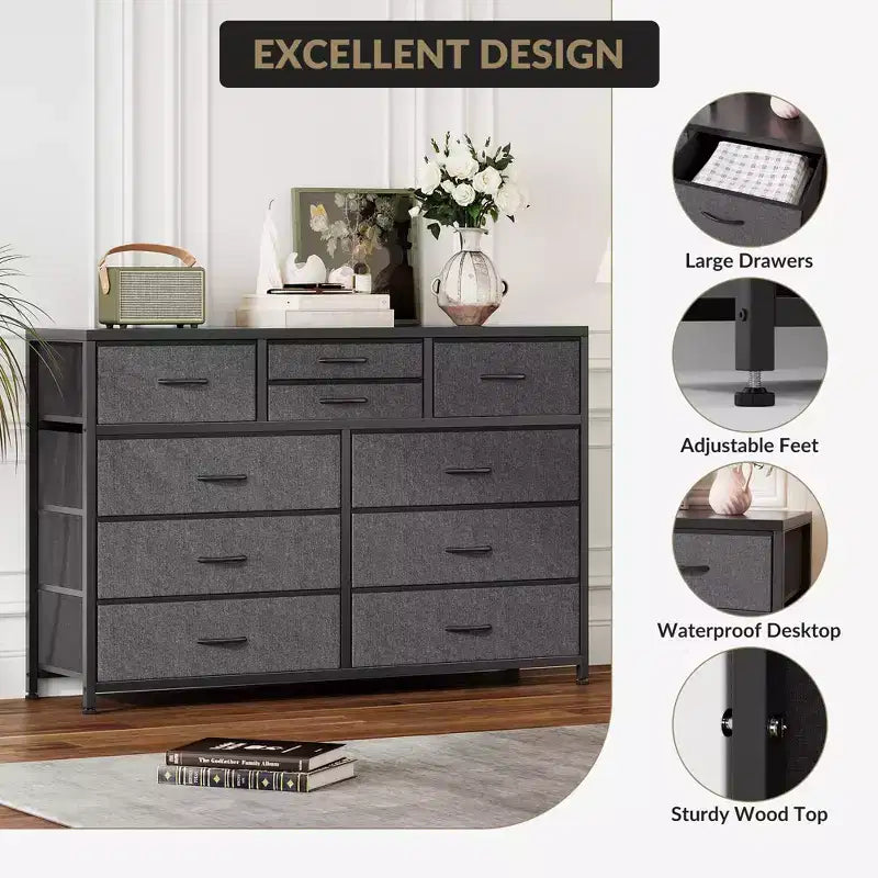 10-Drawer Media Console & Dresser - Steel Frame, Wood Top Fabric Storage for Bedroom, Nursery, Living Room