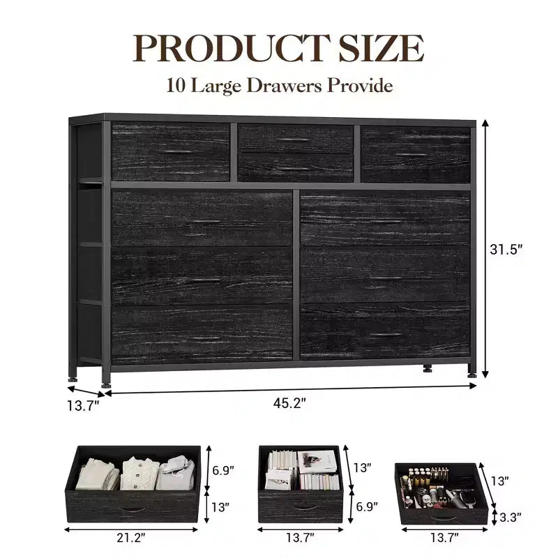 10-Drawer Media Console & Dresser - Steel Frame, Wood Top Fabric Storage for Bedroom, Nursery, Living Room