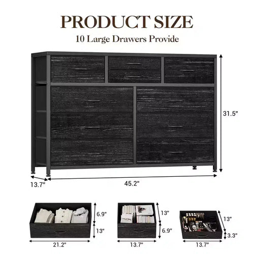 10-Drawer Media Console & Dresser - Steel Frame, Wood Top Fabric Storage for Bedroom, Nursery, Living Room
