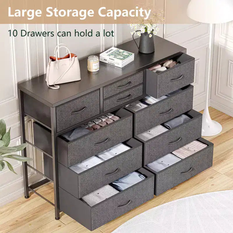 10-Drawer Media Console & Dresser - Steel Frame, Wood Top Fabric Storage for Bedroom, Nursery, Living Room