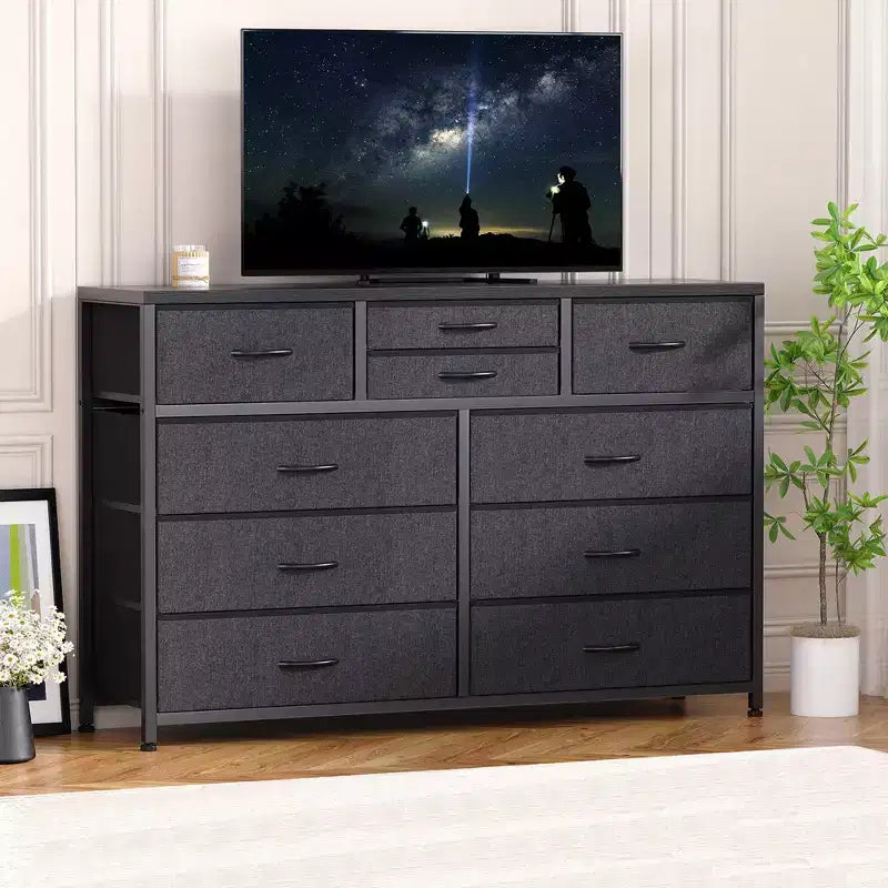 10-Drawer Media Console & Dresser - Steel Frame, Wood Top Fabric Storage for Bedroom, Nursery, Living Room