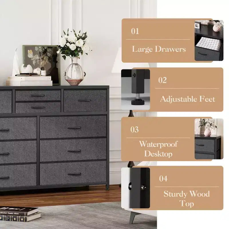 10-Drawer Media Console & Dresser - Steel Frame, Wood Top Fabric Storage for Bedroom, Nursery, Living Room