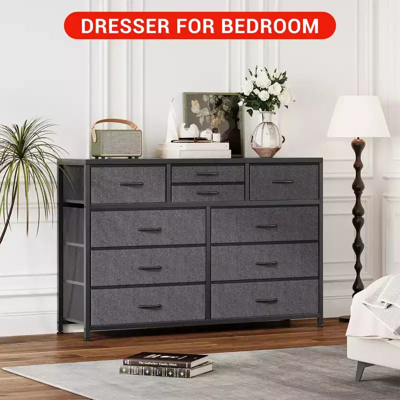 10-Drawer Media Console & Dresser - Steel Frame, Wood Top Fabric Storage for Bedroom, Nursery, Living Room