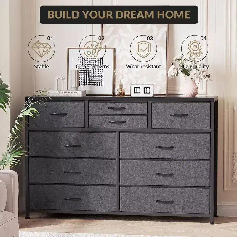 10-Drawer Media Console & Dresser - Steel Frame, Wood Top Fabric Storage for Bedroom, Nursery, Living Room