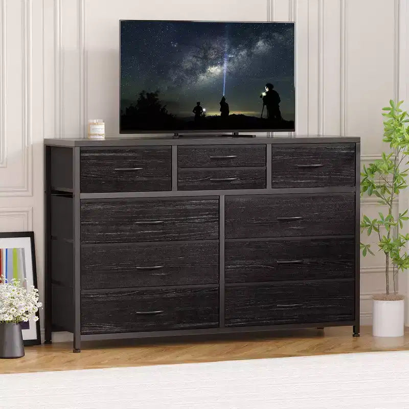10-Drawer Media Console & Dresser - Steel Frame, Wood Top Fabric Storage for Bedroom, Nursery, Living Room