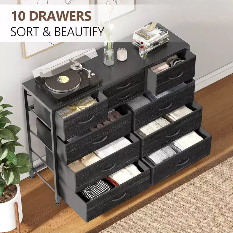 10-Drawer Media Console & Dresser - Steel Frame, Wood Top Fabric Storage for Bedroom, Nursery, Living Room
