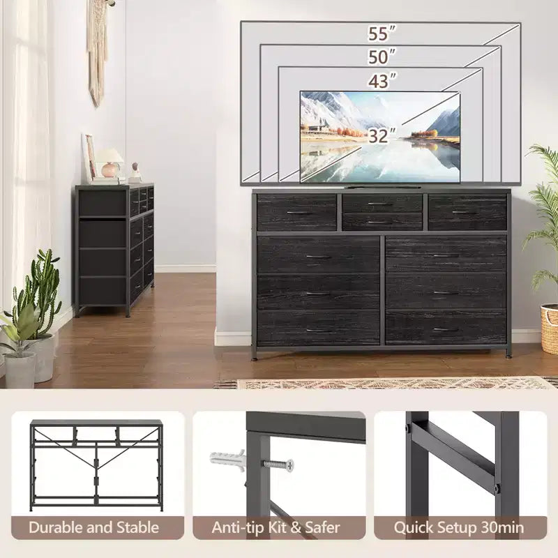 10-Drawer Media Console & Dresser - Steel Frame, Wood Top Fabric Storage for Bedroom, Nursery, Living Room