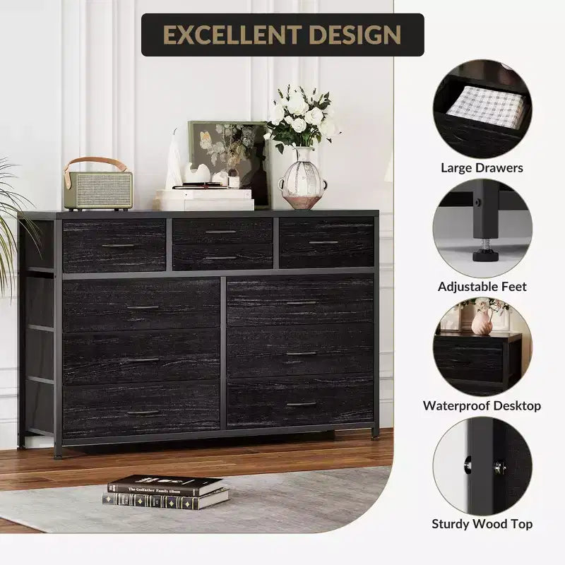 10-Drawer Media Console & Dresser - Steel Frame, Wood Top Fabric Storage for Bedroom, Nursery, Living Room