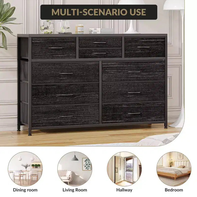 10-Drawer Media Console & Dresser - Steel Frame, Wood Top Fabric Storage for Bedroom, Nursery, Living Room