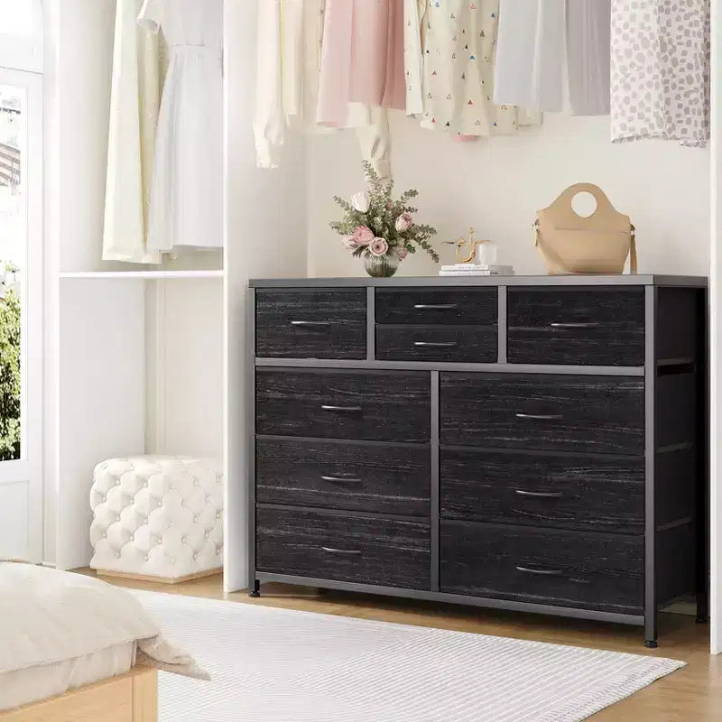 10-Drawer Media Console & Dresser - Steel Frame, Wood Top Fabric Storage for Bedroom, Nursery, Living Room