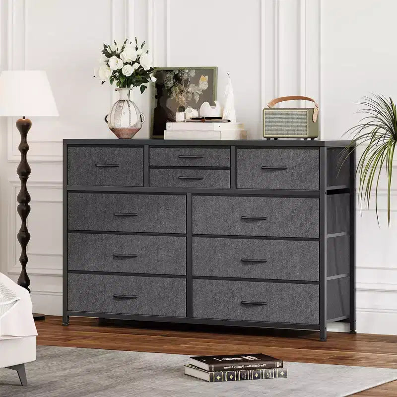10-Drawer Media Console & Dresser - Steel Frame, Wood Top Fabric Storage for Bedroom, Nursery, Living Room