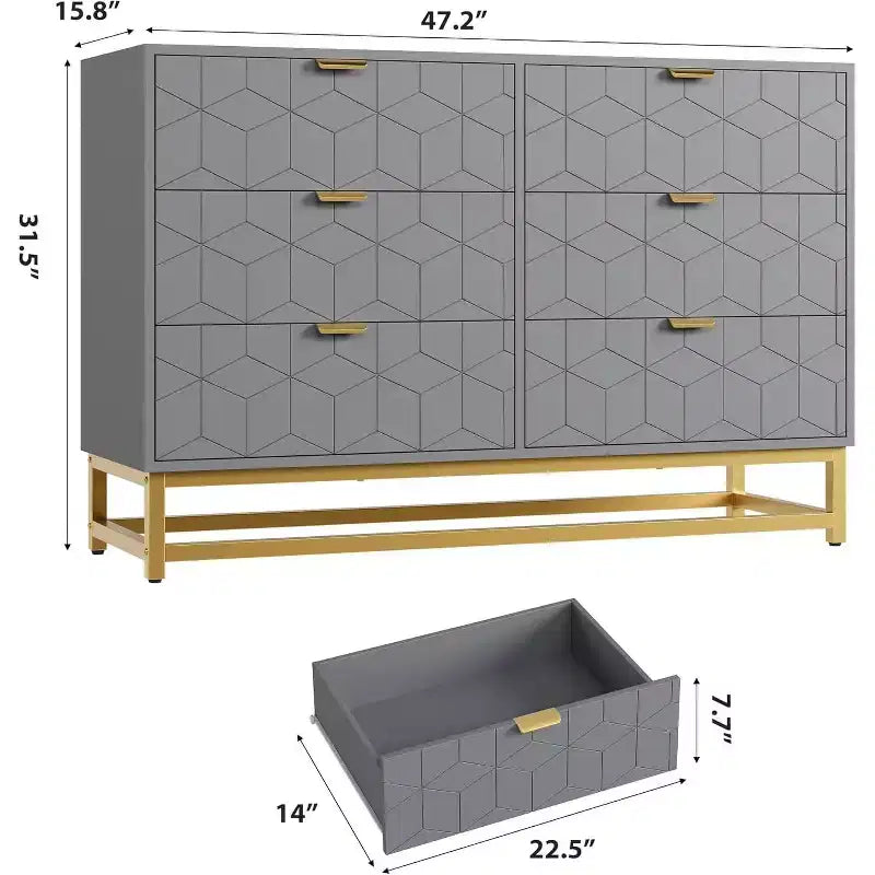 Grey 6 Drawer Double Dresser,Modern Dresser for Bedroom with Gold Handles,Long Storage Organizer for Closet