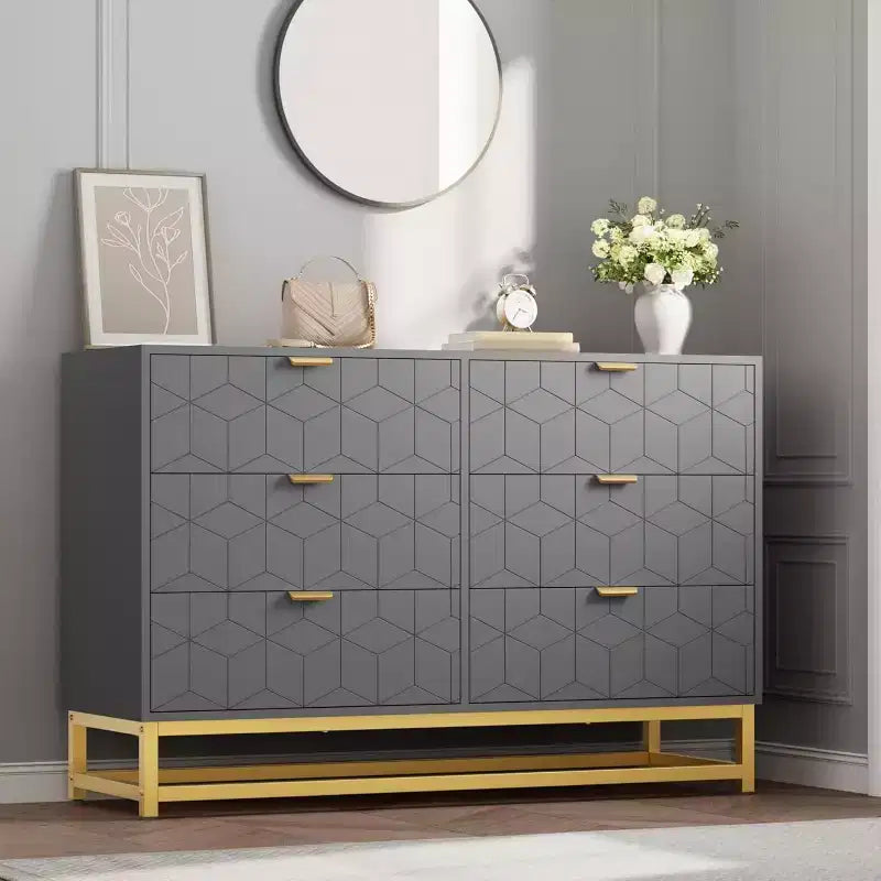 Grey 6 Drawer Double Dresser,Modern Dresser for Bedroom with Gold Handles,Long Storage Organizer for Closet
