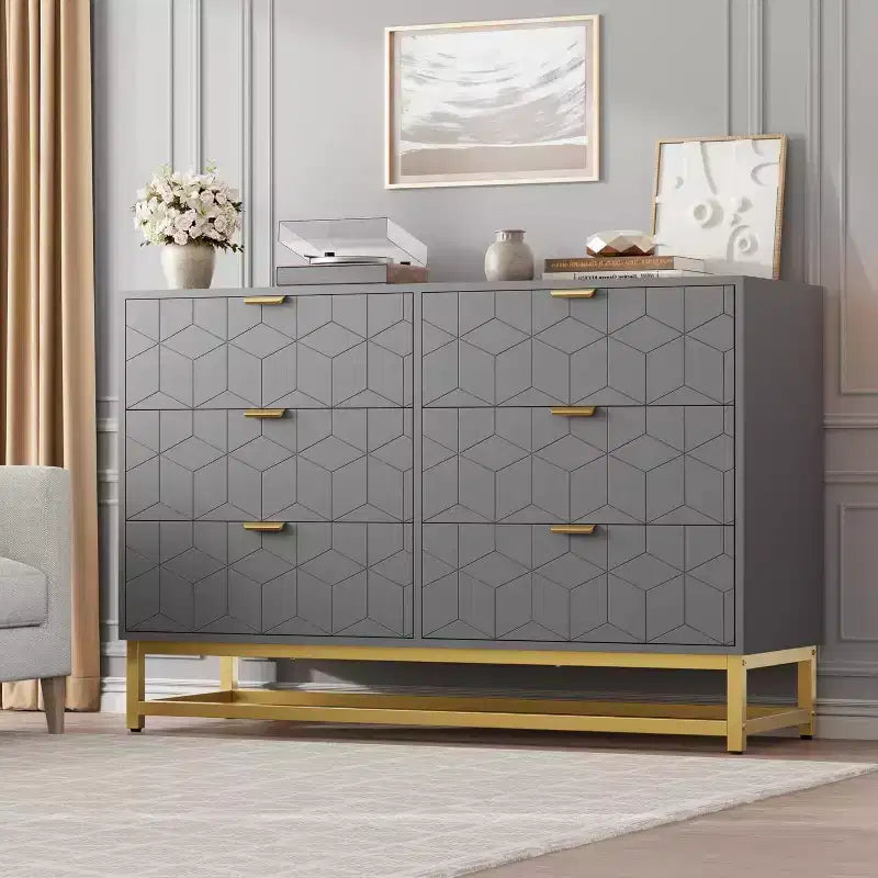 Grey 6 Drawer Double Dresser,Modern Dresser for Bedroom with Gold Handles,Long Storage Organizer for Closet