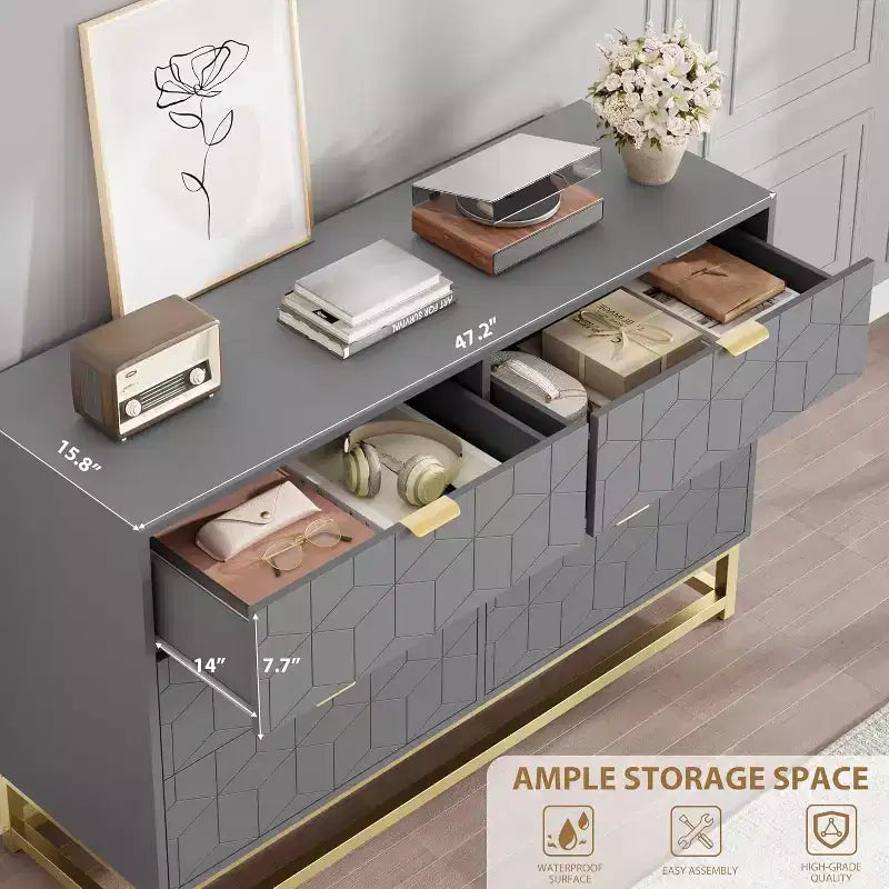 Grey 6 Drawer Double Dresser,Modern Dresser for Bedroom with Gold Handles,Long Storage Organizer for Closet
