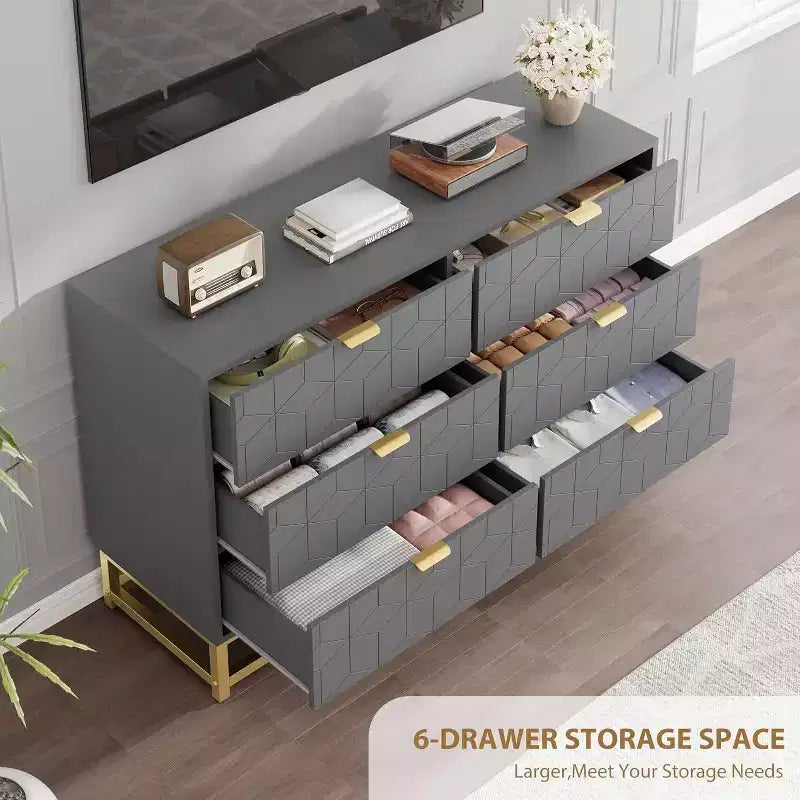 Grey 6 Drawer Double Dresser,Modern Dresser for Bedroom with Gold Handles,Long Storage Organizer for Closet