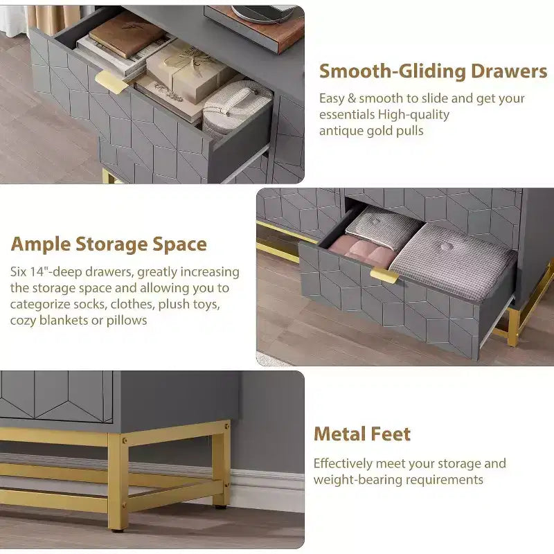 Grey 6 Drawer Double Dresser,Modern Dresser for Bedroom with Gold Handles,Long Storage Organizer for Closet