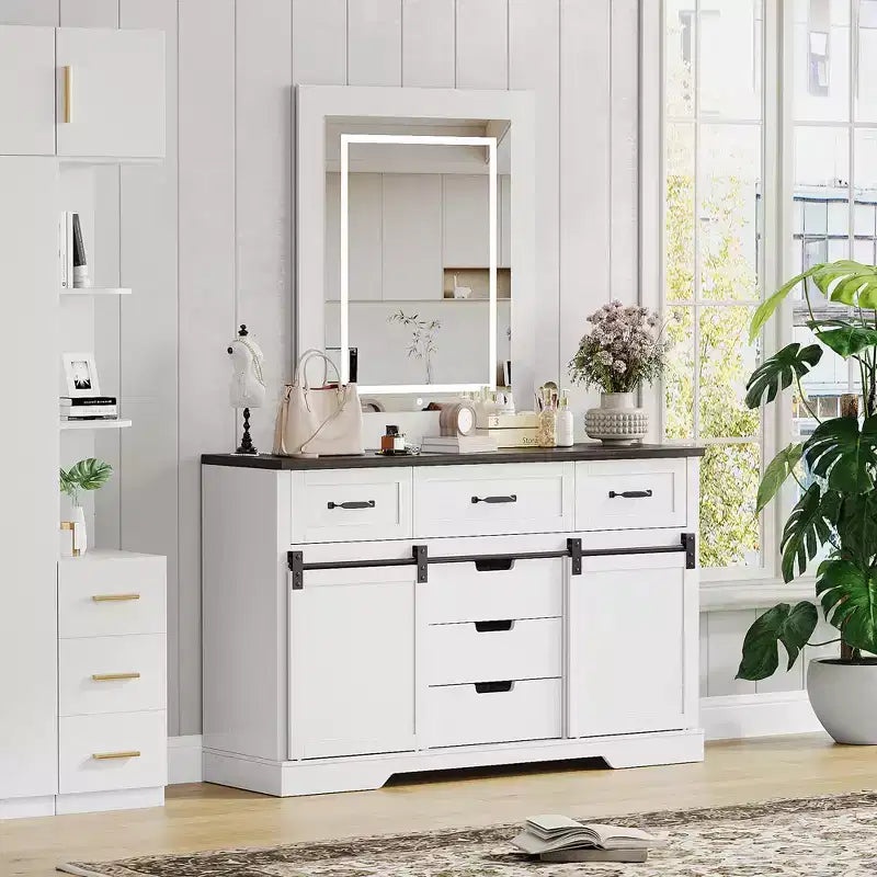 52 Wide Rustic Dresser Organizer with 6 Drawers,Dresser Chest of Drawers,2 Sliding Barn Doors and Lighted Mirror for Bedroom Living Room Dining Room