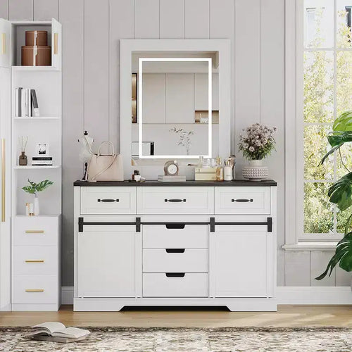 52 Wide Rustic Dresser Organizer with 6 Drawers,Dresser Chest of Drawers,2 Sliding Barn Doors and Lighted Mirror for Bedroom Living Room Dining Room