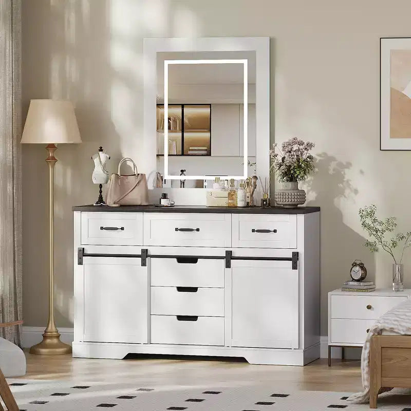 52 Wide Rustic Dresser Organizer with 6 Drawers,Dresser Chest of Drawers,2 Sliding Barn Doors and Lighted Mirror for Bedroom Living Room Dining Room