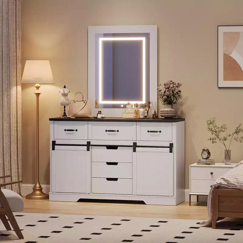 52 Wide Rustic Dresser Organizer with 6 Drawers,Dresser Chest of Drawers,2 Sliding Barn Doors and Lighted Mirror for Bedroom Living Room Dining Room