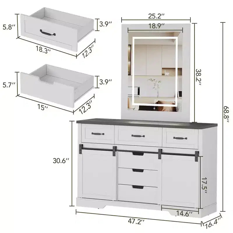 52 Wide Rustic Dresser Organizer with 6 Drawers,Dresser Chest of Drawers,2 Sliding Barn Doors and Lighted Mirror for Bedroom Living Room Dining Room