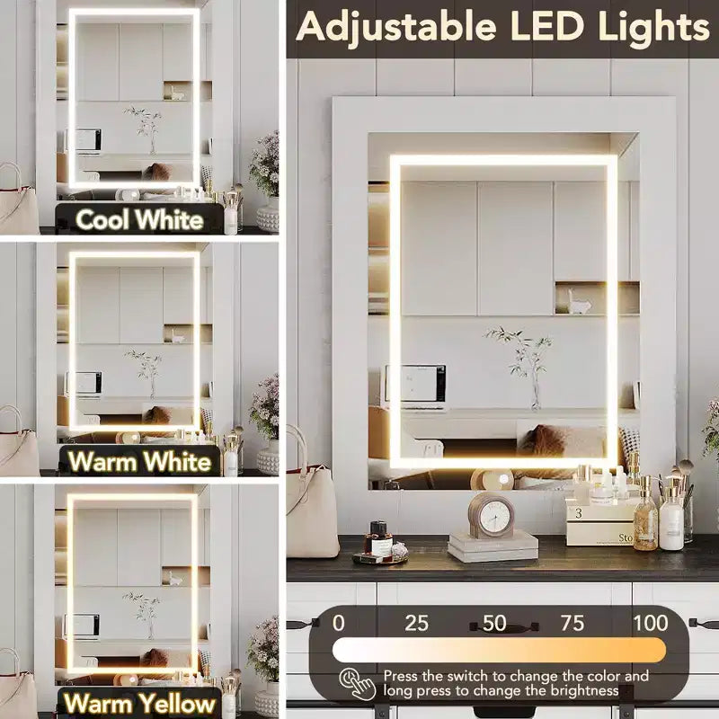52 Wide Rustic Dresser Organizer with 6 Drawers,Dresser Chest of Drawers,2 Sliding Barn Doors and Lighted Mirror for Bedroom Living Room Dining Room
