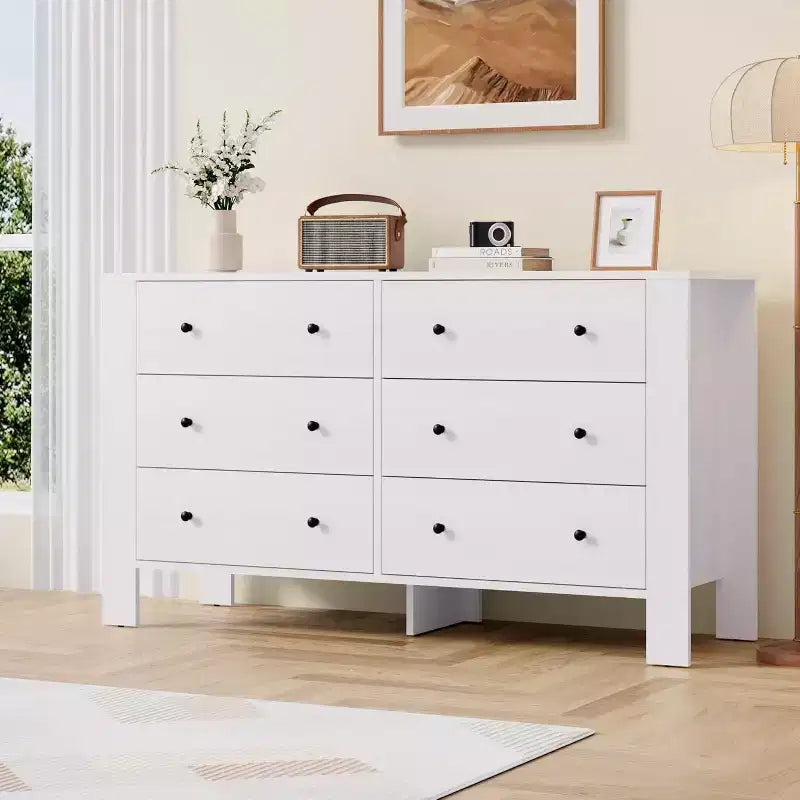 White 6 Drawer Dresser for Bedroom, Wooden Chests of Drawers for Bedroom, Entryway, Hallway, Home Office