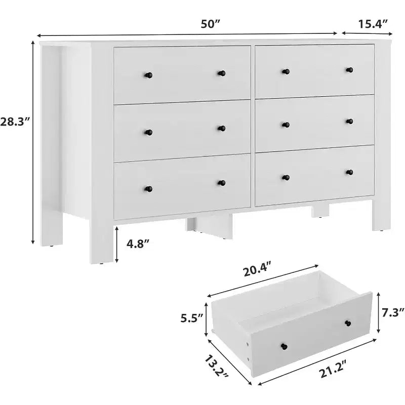 White 6 Drawer Dresser for Bedroom, Wooden Chests of Drawers for Bedroom, Entryway, Hallway, Home Office