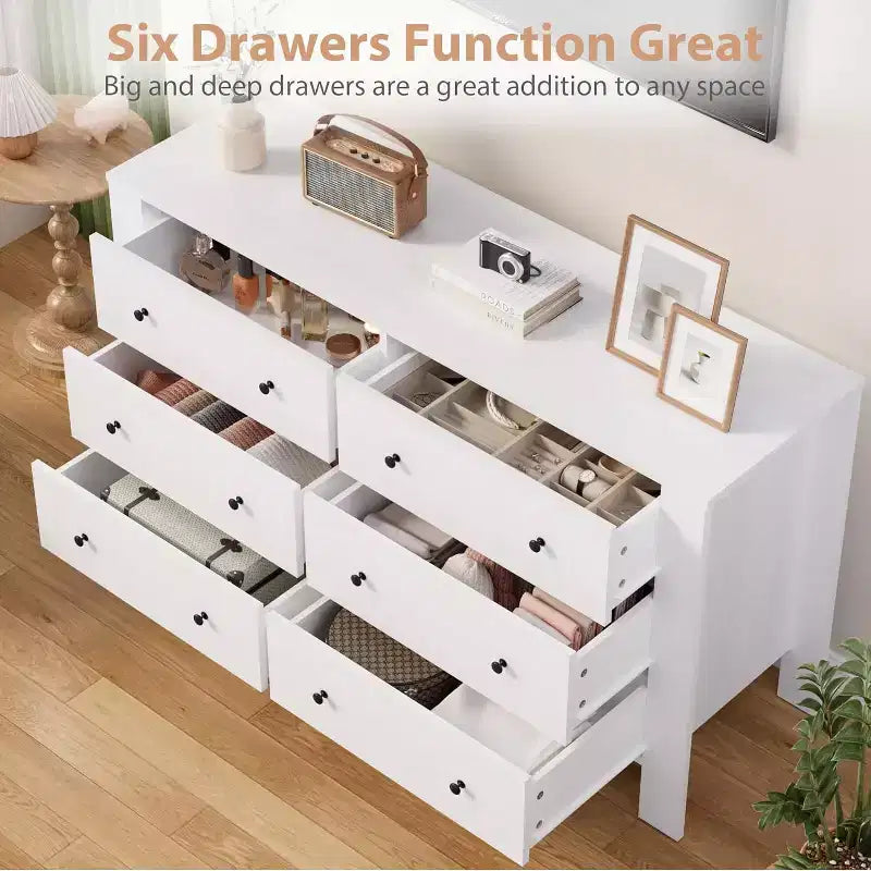 White 6 Drawer Dresser for Bedroom, Wooden Chests of Drawers for Bedroom, Entryway, Hallway, Home Office