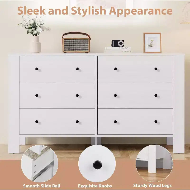 White 6 Drawer Dresser for Bedroom, Wooden Chests of Drawers for Bedroom, Entryway, Hallway, Home Office