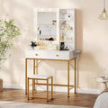 Modern Vanity Makeup Desk with Lighted and Mirror,Dressing Table with Charging Station & Stool, 2 Drawers,Open Storage for Bedroom