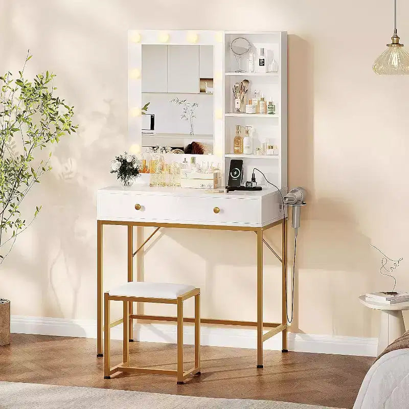 Modern Vanity Makeup Desk with Lighted and Mirror,Dressing Table with Charging Station & Stool, 2 Drawers,Open Storage for Bedroom