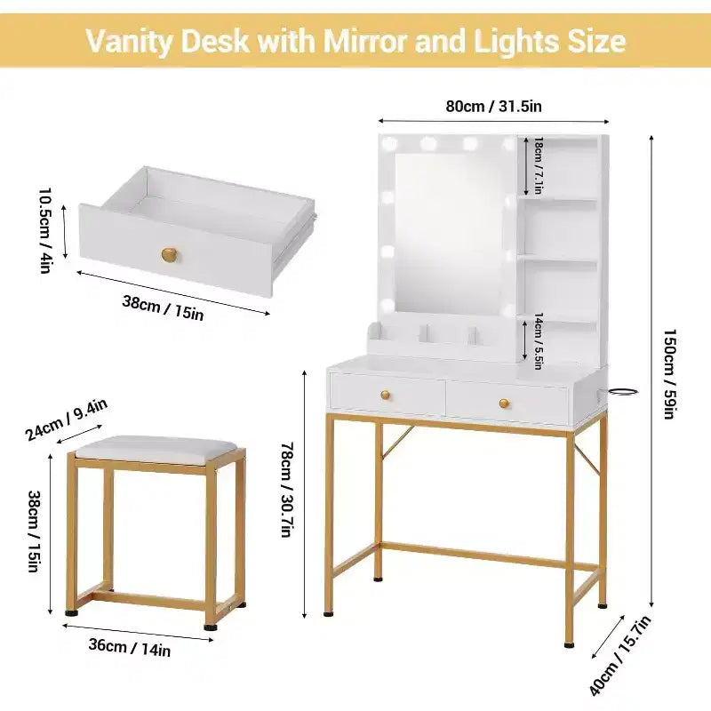 Modern Vanity Makeup Desk with Lighted and Mirror,Dressing Table with Charging Station & Stool, 2 Drawers,Open Storage for Bedroom