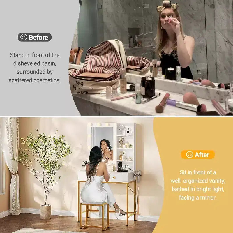 Modern Vanity Makeup Desk with Lighted and Mirror,Dressing Table with Charging Station & Stool, 2 Drawers,Open Storage for Bedroom
