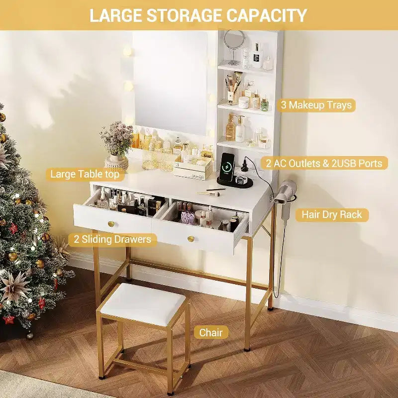 Modern Vanity Makeup Desk with Lighted and Mirror,Dressing Table with Charging Station & Stool, 2 Drawers,Open Storage for Bedroom