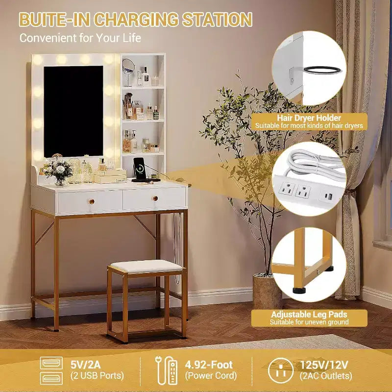 Modern Vanity Makeup Desk with Lighted and Mirror,Dressing Table with Charging Station & Stool, 2 Drawers,Open Storage for Bedroom