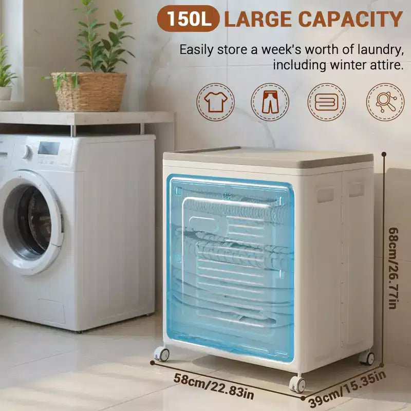 Rolling Laundry Hamper With Lid, Clothes Storage Box Household 150 L Large Clothes Capacity, Versatile Organize Flip Clothing Quilt Storage Box