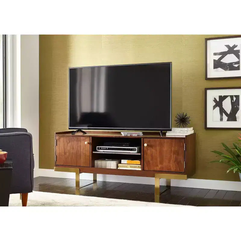 angelo:HOME Luther Wide TV Stand for TVs up to 50" Walnut Finish : Mid-Century Modern Media Console with Storage