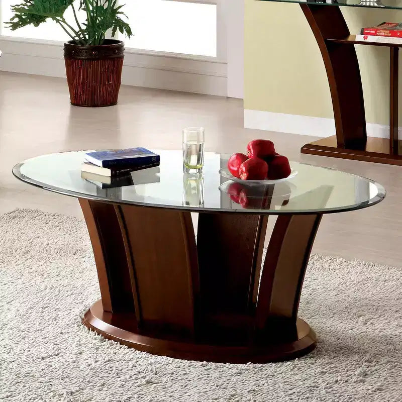 HOMES: Inside + Out Gabriella Oval Glass Top Coffee Table Brown Cherry