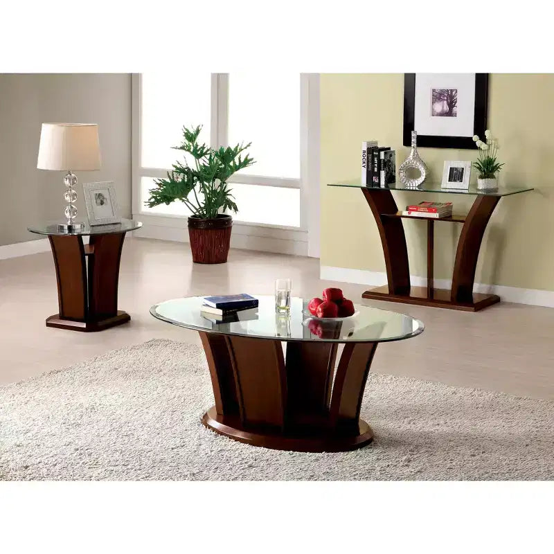 HOMES: Inside + Out Gabriella Oval Glass Top Coffee Table Brown Cherry