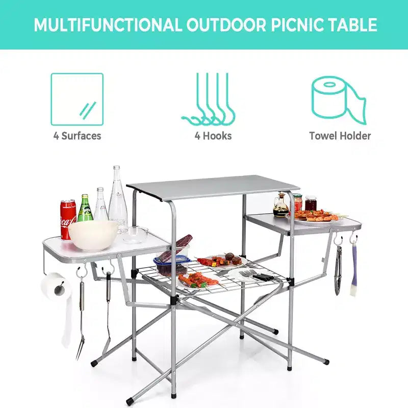 Costway Foldable Camping Table Outdoor Kitchen Portable Grilling Stand Folding BBQ Table